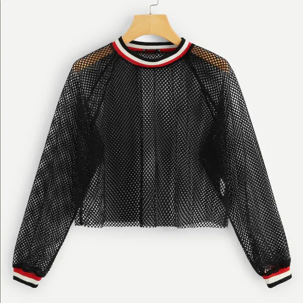 Striped Trim Mesh Sheer Crop Sweatshirt
